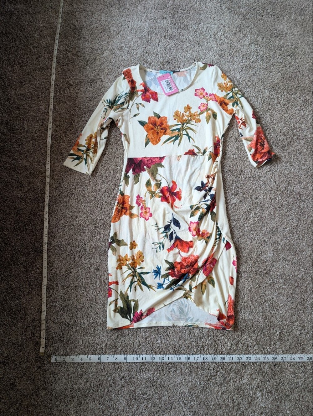 Floral V-Neck Long Sleeve Women’s Dress - Cream with Multicolor Floral Print